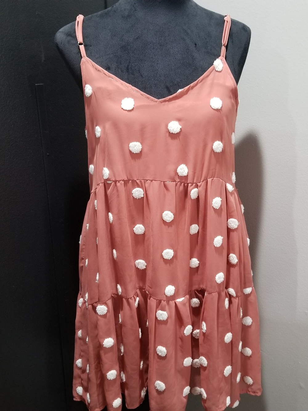 Spotted Pom-Pom Tiered Slip Flowy Mauve Pink Dress - Dusty Rose